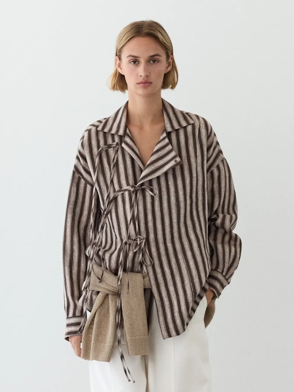 Massimo Dutti Relaxed Striped Tie-Front Jacket in Brown and Cream